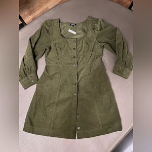 Corduroy Seamed Long-Sleeve Mini Dress Green size 12 button front NWT